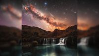 The Milky Way is pictured glowing above a series of waterfalls framed by rocky hills