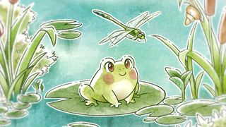 Kamaeru art showing a chibi-style frog blushing atop a big lily pad, a dragonfly soaring above