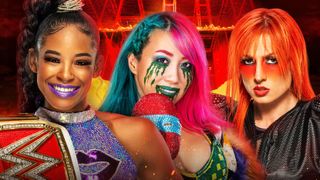 Bianca Belair, Asuka and Becky Lynch in match art for WWE Hell In A Cell 2022