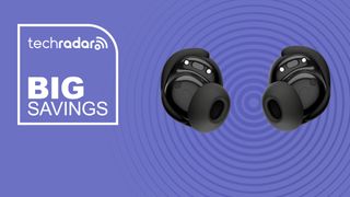 THe Bose QuietComfort earbuds on a purple background.