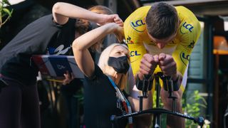 Mathieu Van der Poel gets fitted for a skinsuit ahead of the Tour de France stage 5 time trial