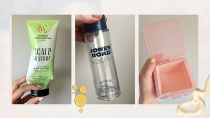 Trio of images showing empty beauty products (L-R) Charles Worthington shampoo, Jones Road body oil and Mediheal toner pads, on a beige background with foam, oil and cream swatches