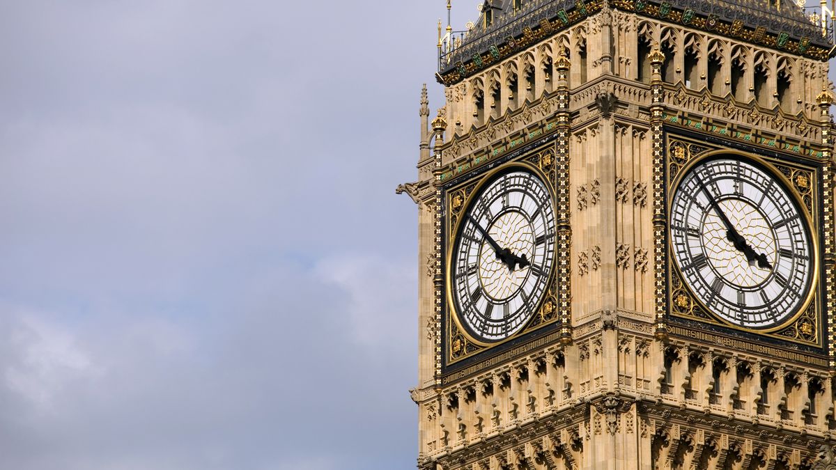 Big Ben clock face pictured against a grey sky