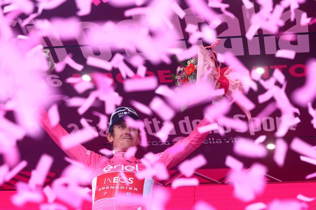 INEOS Grenadierss British rider Geraint Thomas celebrates the overall leaders pink jersey on the podium after the sixteenth stage of the Giro dItalia 2023 cycling race 203 km between Sabbio Chiese and Monte Bondone near Cavedine on May 23 2023 Photo by Luca Bettini AFP Photo by LUCA BETTINIAFP via Getty Images