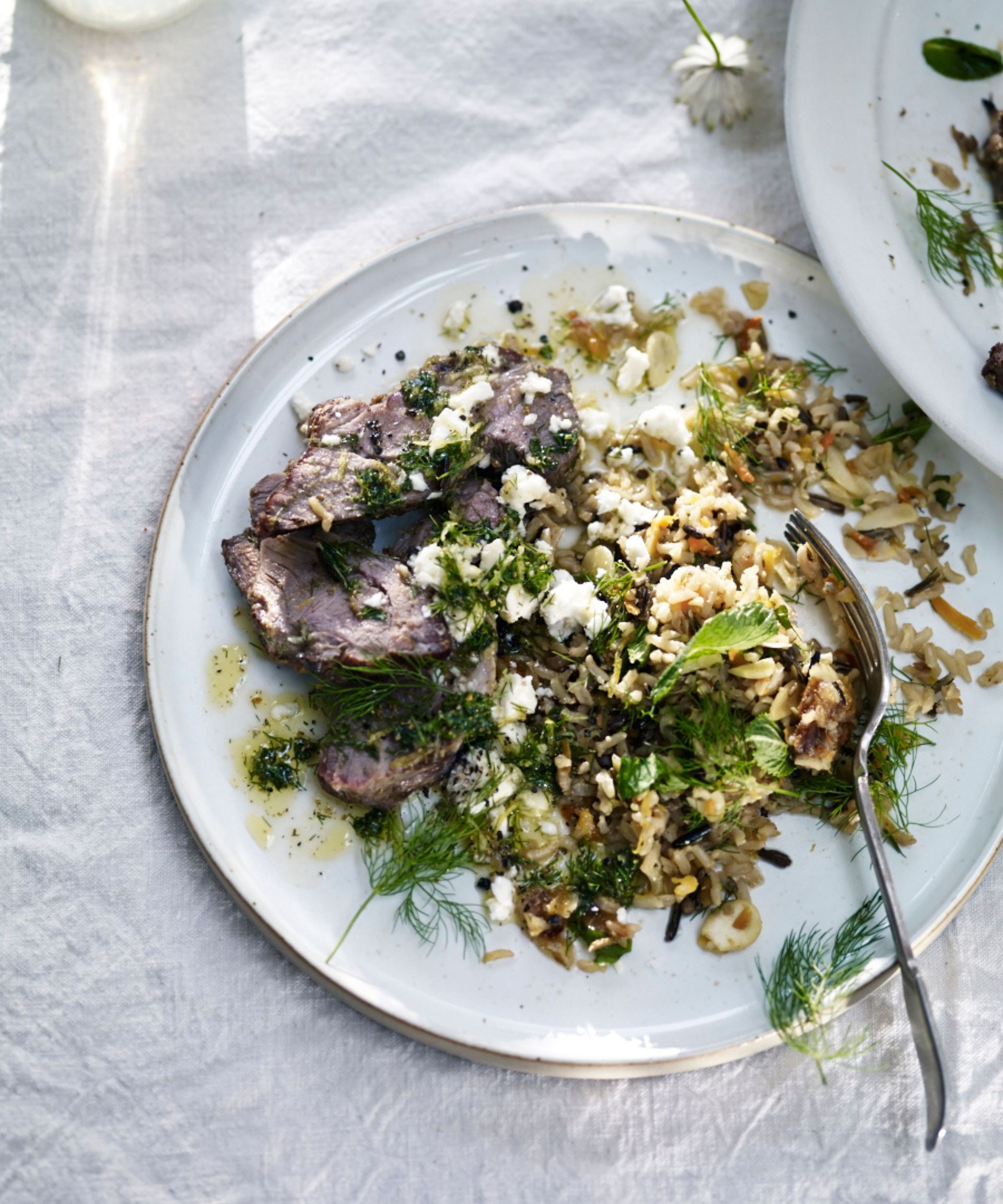 Plate of barbecued lamb with pilaf rice