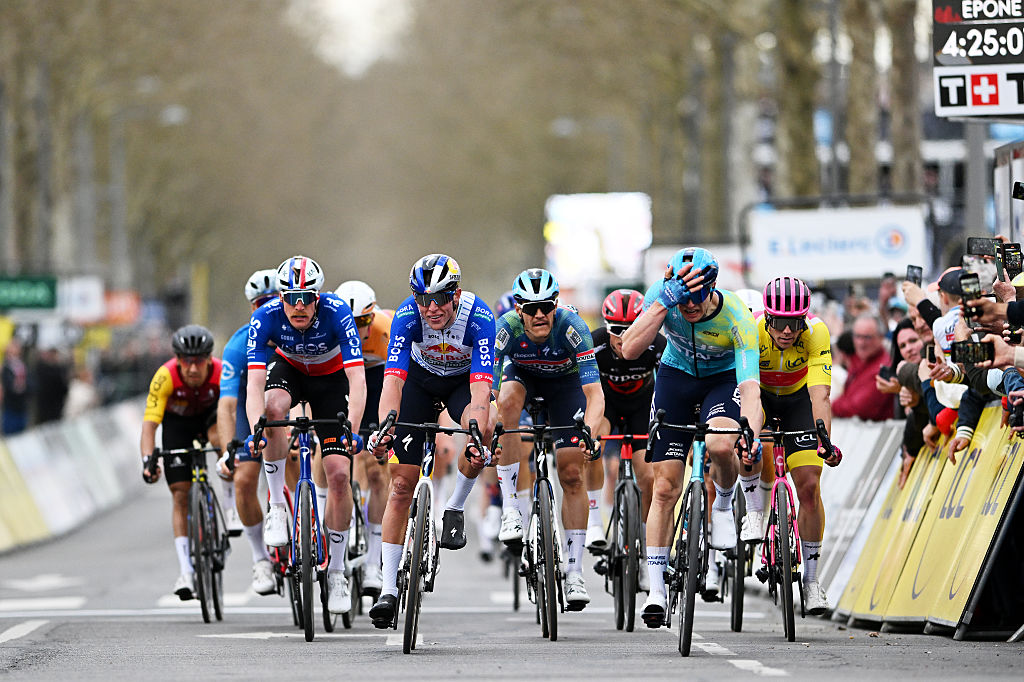 MONTARGIS, FRANCE - MARCH 09: (L-R) Dorian Godon of France and Team INEOS Grenadiers, Laurence Pithie of New Zealand and Team Red Bull - BORA - hansgrohe, Jasper Stuyven of Belgium and Team Soudal Quick-Step, Max Kanter of Germany and Team XDS Astana and Luke Lamperti of United States and Team EF Education - EasyPost - Yellow leader jersey sprint at finish line to win the stage during the 84th Paris-Nice 2026, Stage 2 a 187km stage from Epone to Montargis / #UCIWT / on March 09, 2026 in Montargis, France. (Photo by Szymon Gruchalski/Getty Images)