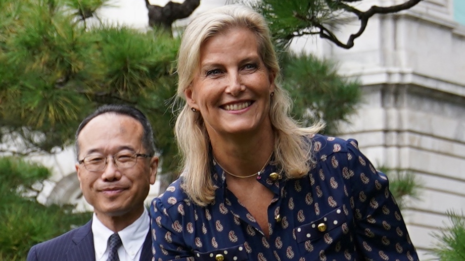 Sophie, Duchess of Edinburgh smiles as she takes part in a ceremonial planting of an oak in Japan