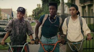 Diggy (Kiersey Clemons), Malcolm (Shameik Moore) and Jib (Tony Revolori) watch a girl on Dope