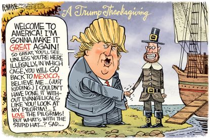 Political cartoon U.S. Donald Trump Thanksgiving pilgrim