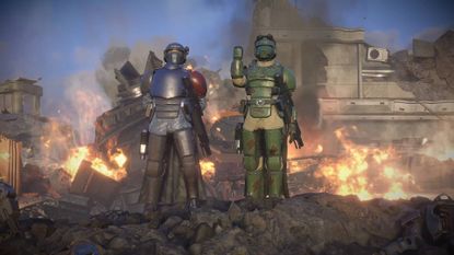Helldivers 2 Warhammer 40,000 crossover Warbond sharpshooter saluting and demo trooper standing at ease