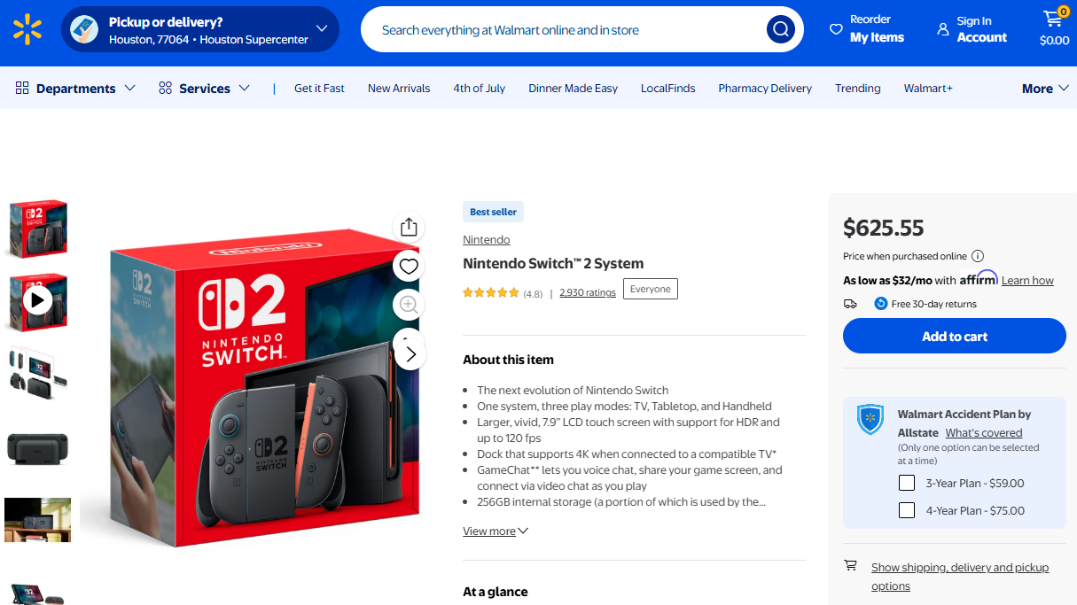 An overpriced Nintendo Switch 2 listing on Walmart's online store