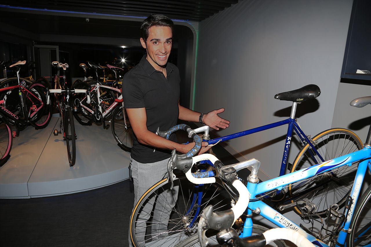 Contador shows off his first bike, an Orbea that he made up to look like a Macario