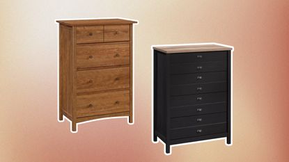 A wooden dresser and a black dresser on neutral gradient background