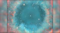 A glowing ring of teal and coral-red gas surrounds a dark blue-green centre containing a bright white star, scattered with stars and dozens of tiny orange and white smudges that are distant galaxies.