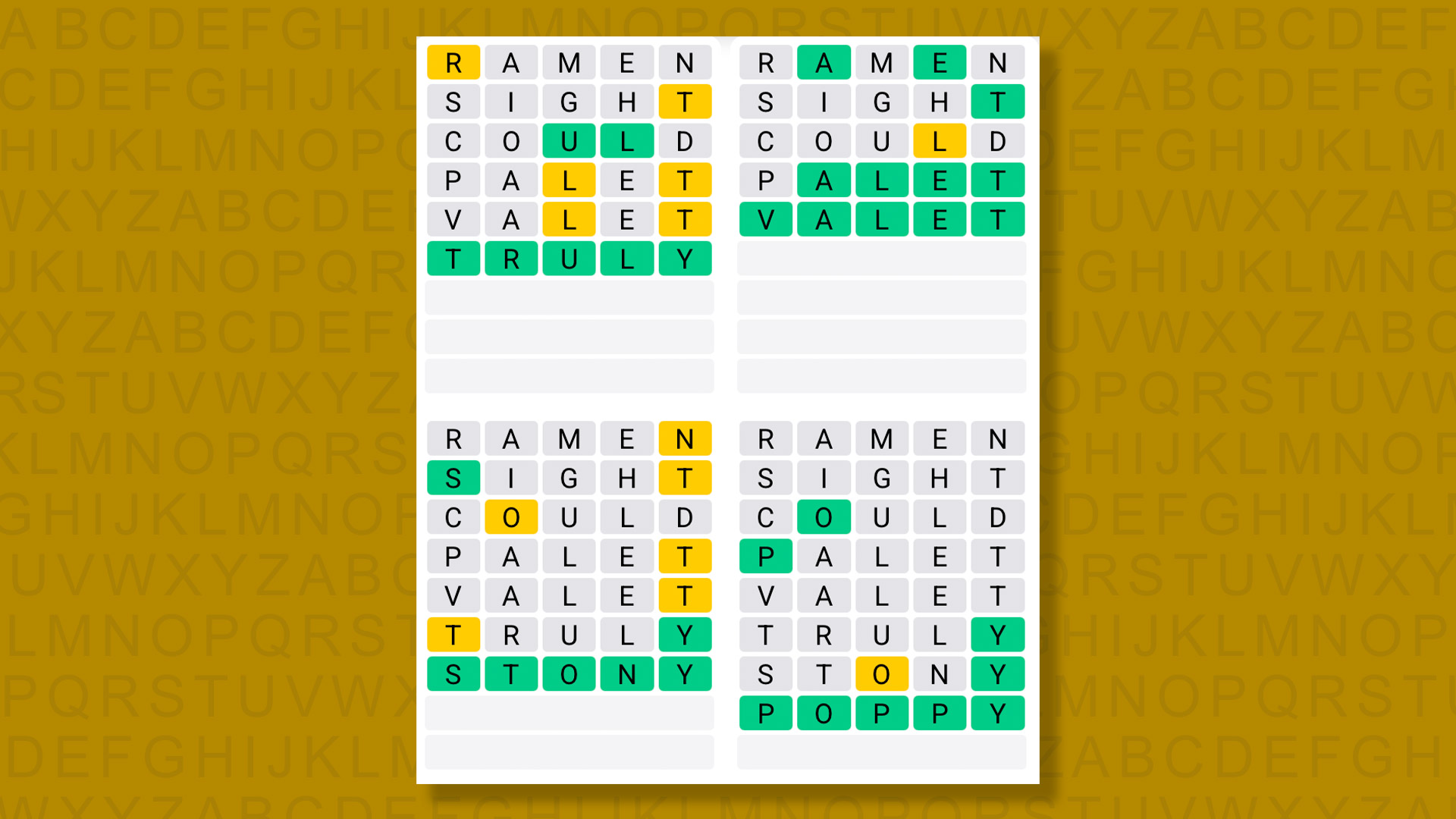 Quordle answers for game 1371 on a yellow background