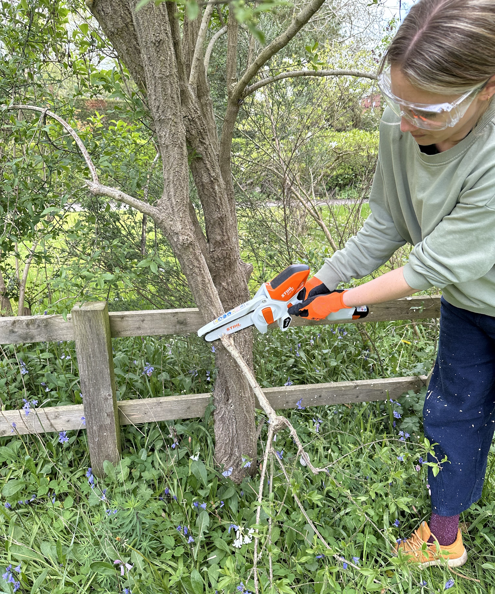 Woman pruning low tree branches with Stihl GTA 30 Pruners