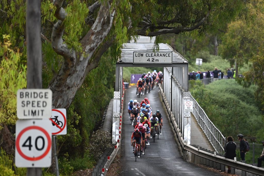 GEELONG AUSTRALIA JANUARY 29 A general view of the peloton competing during the 7th Cadel Evans Great Ocean Road Race 2023 Mens Elite a 1743km one day race from Geelong to Geelong CadelRoadRace on January 29 2023 in Geelong Australia Photo by Tim de WaeleGetty Images