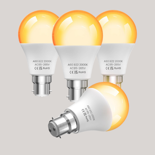 Tobebright Warm Light Bulb Bayonet 2000k Amber Light Bulbs, 9w B22 Led Bulb 60w Equivalent, Bc Bayonet Light Bulb Blue Light Blocking, A60 Night Light Bulb for Bedroom,sleep,baby Nursery-4pack