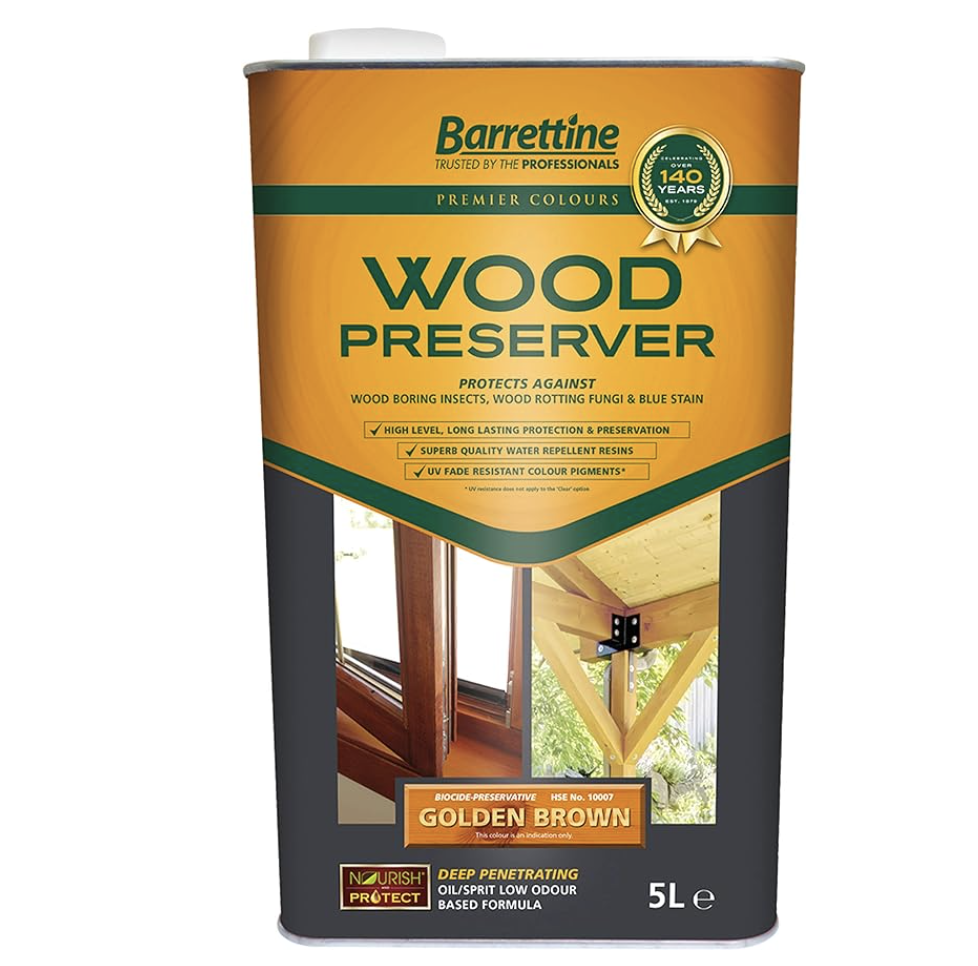 Cut-out image of a large tin of Barrettine Wood Preserver