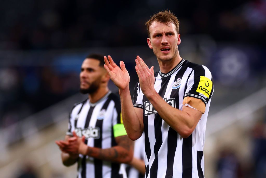 Dan Burn of Newcastle United applauds the supporters at full-time following the UEFA Champions League match between Newcastle United FC and AC Milan at St. James Park on December 13, 2023 in Newcastle upon Tyne, England. (Photo by Chris Brunskill/Fantasista/Getty Images)