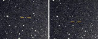 The discovery images for the newly found very distant prograde moon of Saturn. They were taken on the Subaru telescope with about one hour between each image. The background stars and galaxies do not move, while the newly discovered Saturnian moon, highlighted with an orange bar, shows motion between the two images.