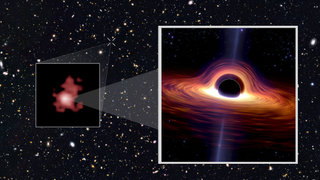 The galaxy GN-z11 as seen by Hubble (inset) an illustration of a feeding black hole