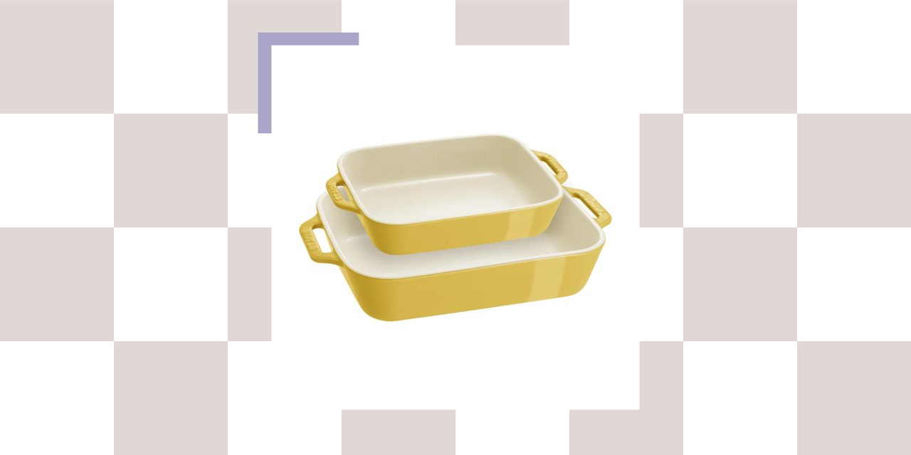 set of two baking dishes in bright yellow