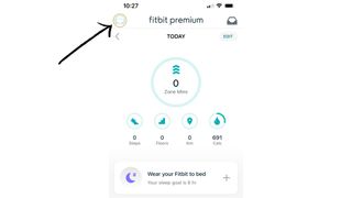 Display of where to find the Profile button on the Fitbit app with arrow