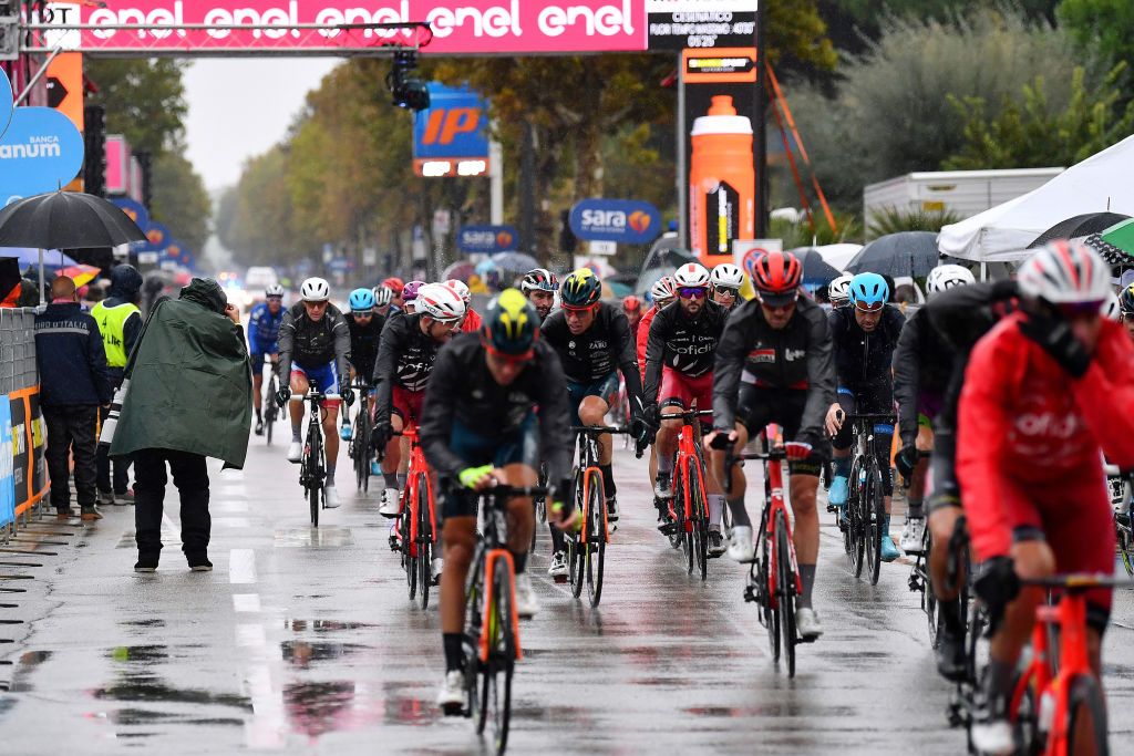 CESENATICO ITALY OCTOBER 15 Arrival Peloton Landscape during the 103rd Giro dItalia 2020 Stage Twelve a 204km stage from Cesenatico to Cesenatico girodiitalia Giro on October 15 2020 in Cesenatico Italy Photo by Stuart FranklinGetty Images