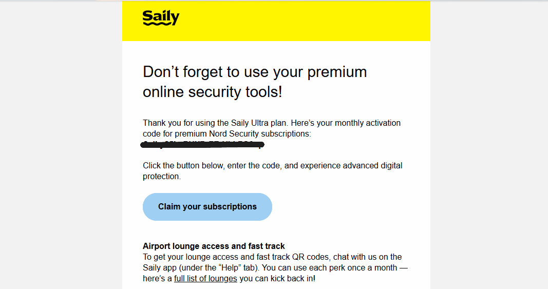 Screenshot of saily ultra subscription instructions