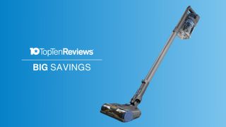 Shark Pet Pro Cordless Vacuum deal on blue background with text: Top Ten Reviews BIG SAVINGS