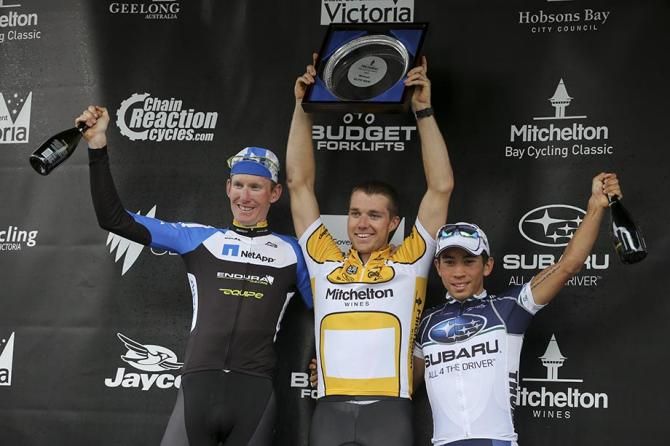 Overall winner Brenton Jones on the podium with Zak Dempster and Caleb Ewan.
