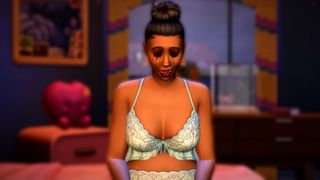 The Sims 4 Lovestruck reveal trailer screenshot showing a young woman sitting atop her bed, her hair tied up in a bun while she cries and mascara streams down her face