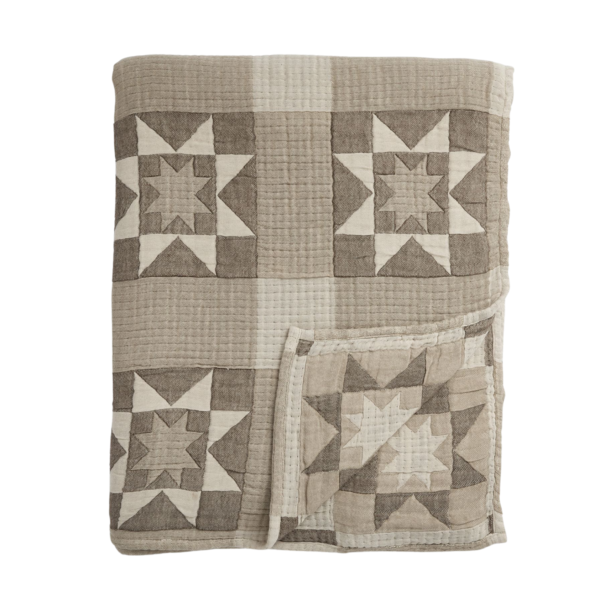 a gray patchwork quilt with a repetitive star motif