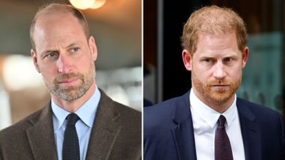 A composite image of Prince William (L) taken in 2025 and Prince Harry (R) taken in 2023 