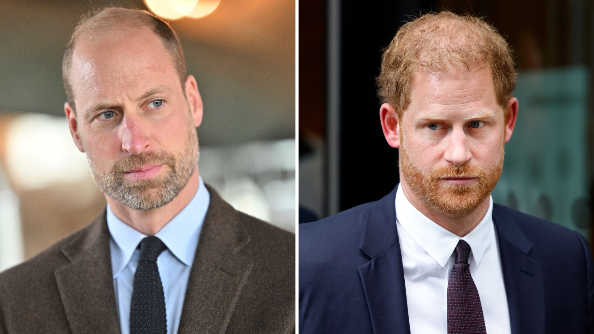 A composite image of Prince William (L) taken in 2025 and Prince Harry (R) taken in 2023 