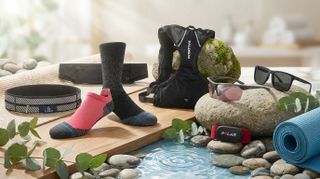 An AI-generated collage of Stance socks, Flipbelt, Polar H10 heart rate monitor, running sunglasses, a Salomon running backpack and more