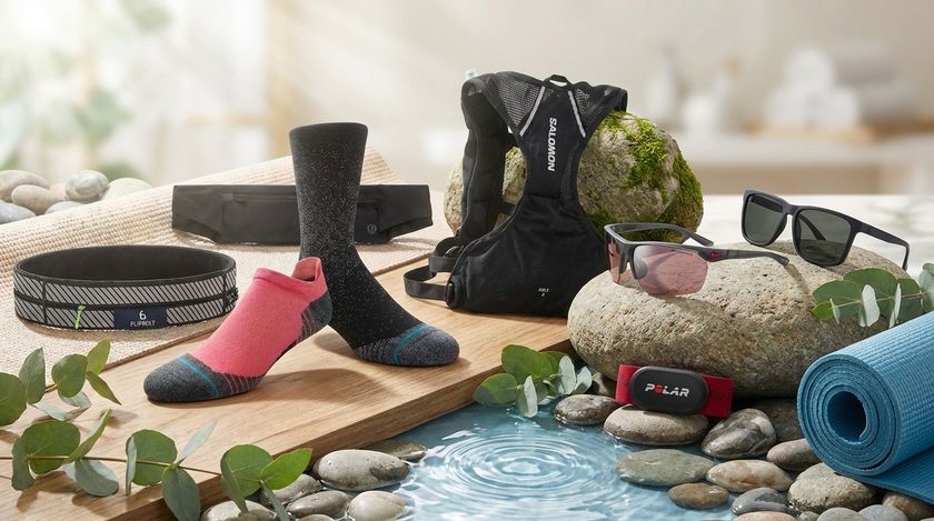 An AI-generated collage of Stance socks, Flipbelt, Polar H10 heart rate monitor, running sunglasses, a Salomon running backpack and more