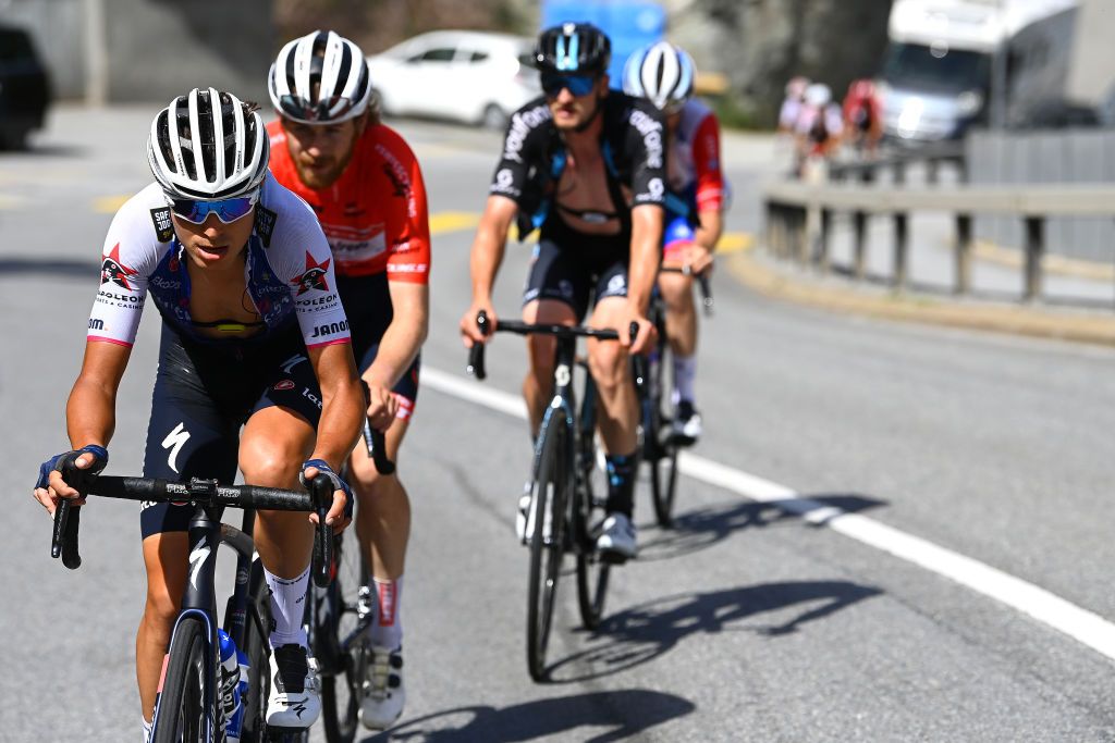 MOOSALP SWITZERLAND JUNE 17 Quinn Simmons of United States and Team Trek Segafredo Red Mountain Jersey Nico Denz of Germany and Team DSM and Fausto Masnada of Italy and Team QuickStep Alpha Vinyl compete in the breakaway during the 85th Tour de Suisse 2022 Stage 6 a 1775km stage from Locarno to Moosalp 2048m ourdesuisse2022 WorldTour on June 17 2022 in Moosalp Switzerland Photo by Tim de WaeleGetty Images