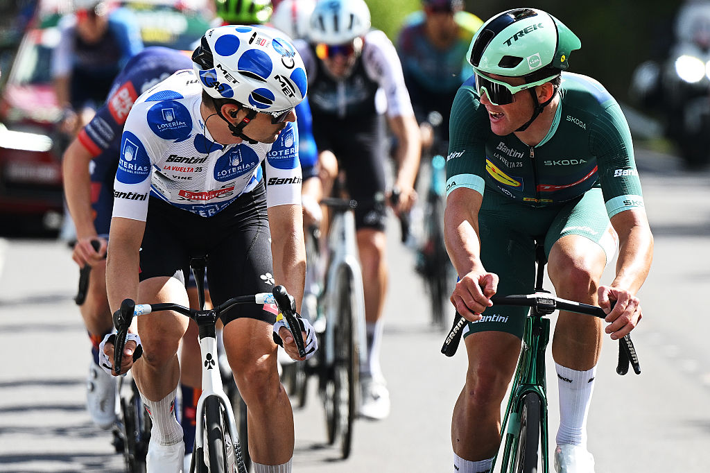 CERLER. HUESCA LA MAGIA, SPAIN - AUGUST 29: (L-R) Jai Hindley of Australia and Team Red Bull - BORA - hansgrohe - Polka dot Mountain Jersey and Mads Pedersen of Denmark and Team Lidl - Trek - Green points jersey compete in the breakaway during the La Vuelta - 80th Tour of Spain 2025, Stage 7 a 188km stage from Andorra la Vella to Cerler. Huesca La Magia 1910m / #UCIWT / on August 29, 2025 in Cerler. Huesca La Magia, Spain. (Photo by Dario Belingheri/Getty Images)
