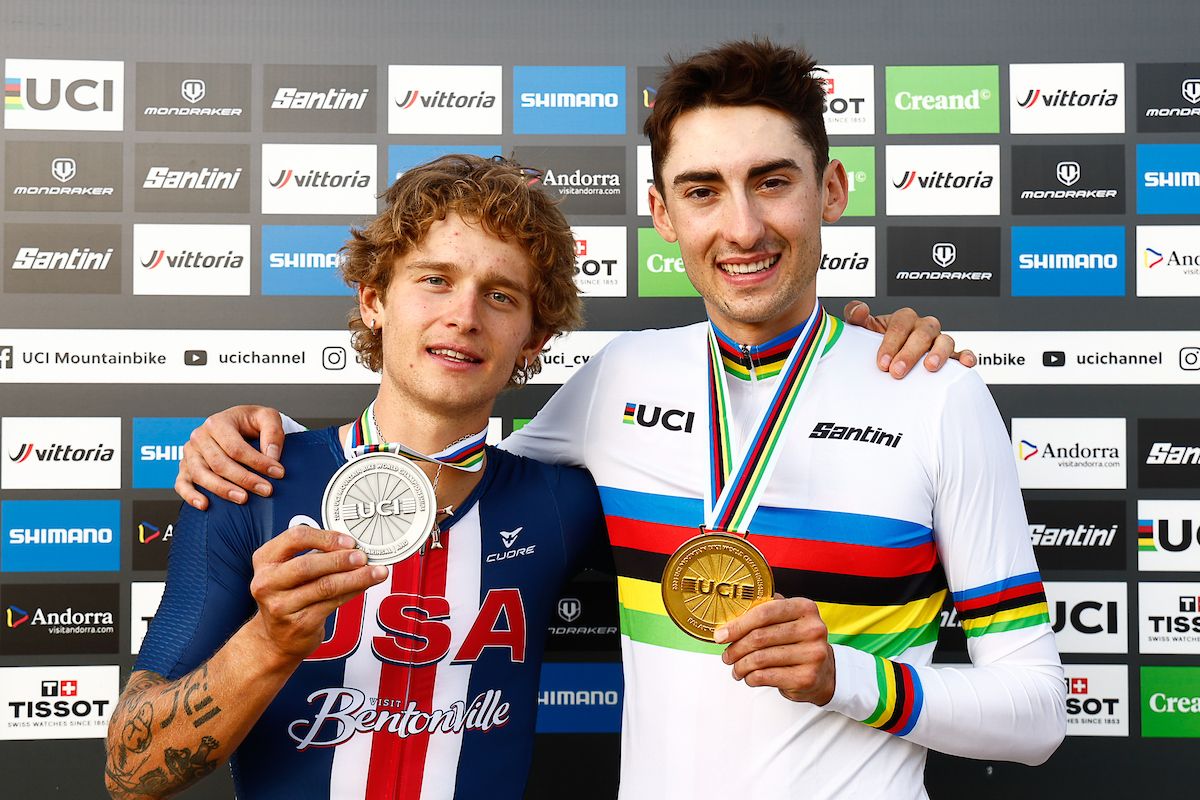 Picture by Javier Mart&Atilde;&shy;nez/SWpix.com - 30/08/2024 - Cycling - 2024 UCI Mountain Bike World Championships - Pal Arinsal, Arinsal, Andorra - Men Elite Cross-country Short Track Final - Men&acirc;s U23 Cross-country Short Track Podium - Riley Amos (USA) Gold Medalist and UCI World Champion, Bjorn Riley (USA) Silver Medalist