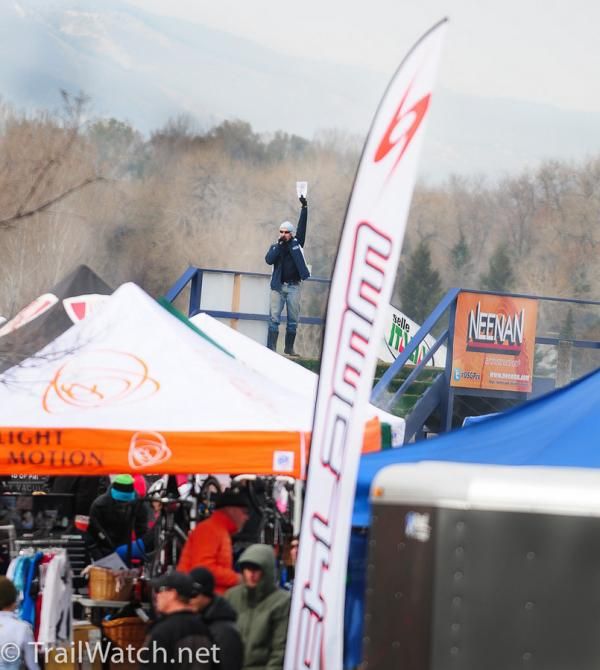 Announcer Richard Fries signaling to Dave Towle on the main stage