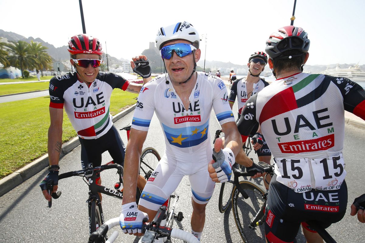 Alexander Kristoff celebrates with his UAE Team Emirates teammates