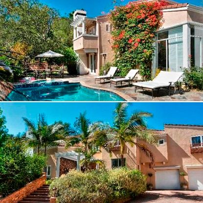 la mansion with swimming pool and lounge chairs