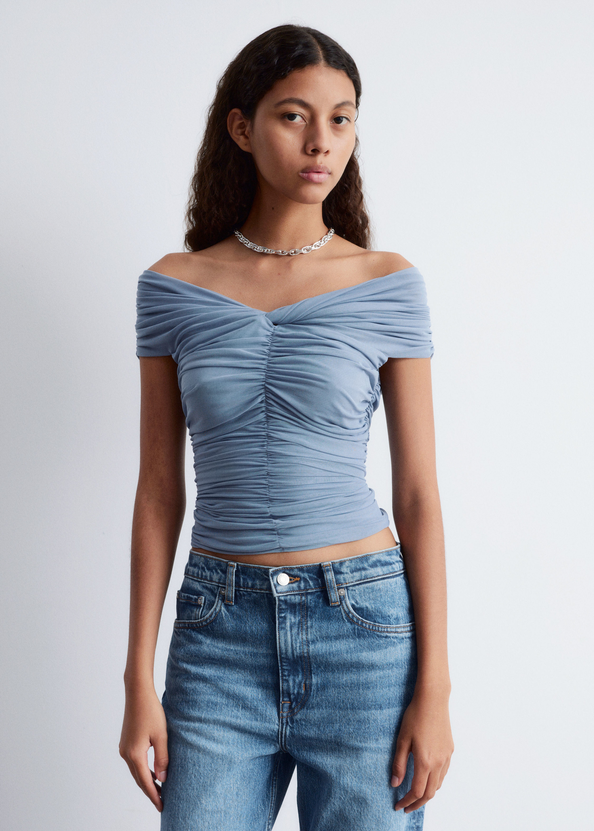 Ruched V-Neck Mesh Top