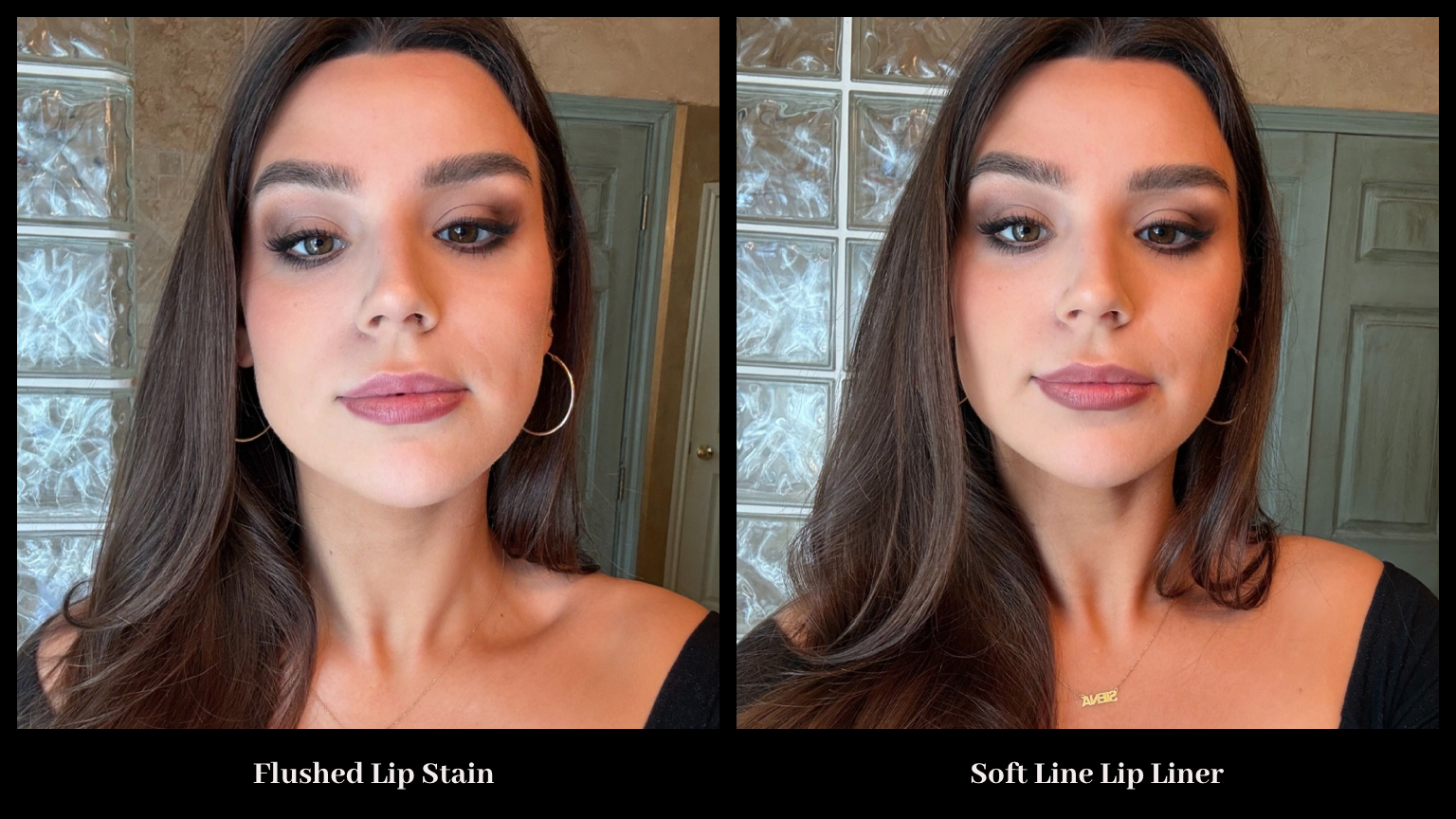 Siena Gagliano wearing the Flushed Lip Stain (L) and the Soft Line Lip Liner (R).