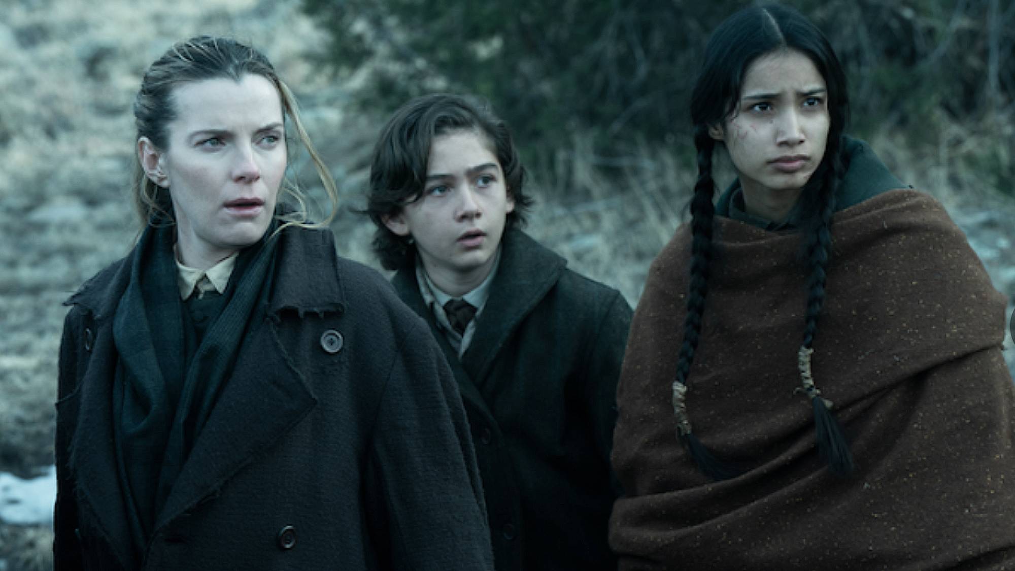 (L to R) Betty Gilpin as Sara Rowell, Preston Mota as Devin Rowell and Shawnee Pourier as Two Moons in 