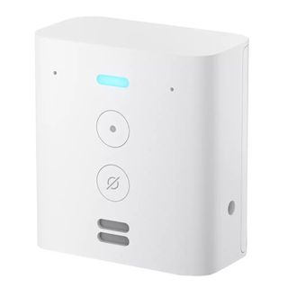 Rectangular white Amazon Echo Flex with power button and blue light