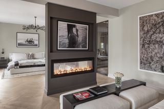A fireplace in the middle of the bedroom