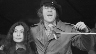 John Lennon and Yoko Ono address an antiwar rally in Manhattan's Bryant Park, 22nd April 1972